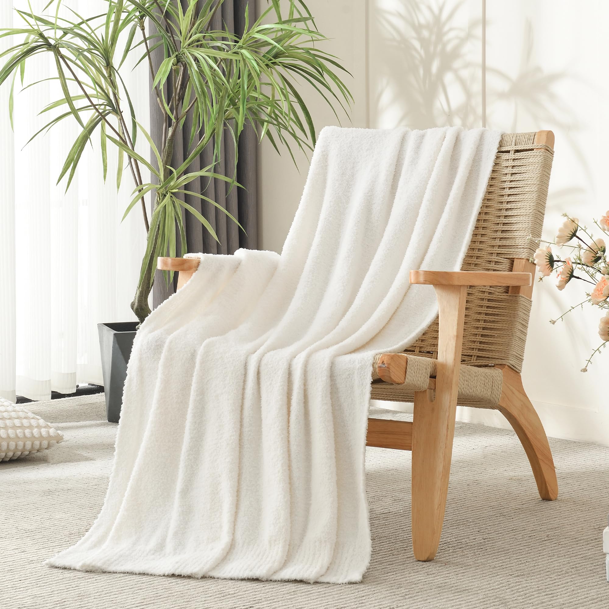 JOOJA Knit Throw Blanket Super Soft Warm Blanket for Couch Lightweight Fluffy Blanket for Bed Sofa 60x80 Inches Cream