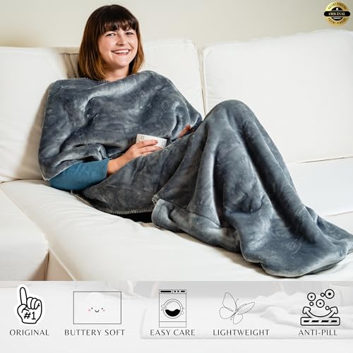 EzrAllora Lightweight Foot Pocket Blanket - Patent Pending- 67"x40" Premium Fleece Throw - Gamer Gifts - Gifts for Men Who Want Nothing - TV Lap Blanket (Fleece, Silver Grey)