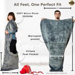 EzrAllora Lightweight Foot Pocket Blanket - Patent Pending- 67"x40" Premium Fleece Throw - Gamer Gifts - Gifts for Men Who Want Nothing - TV Lap Blanket (Fleece, Silver Grey)