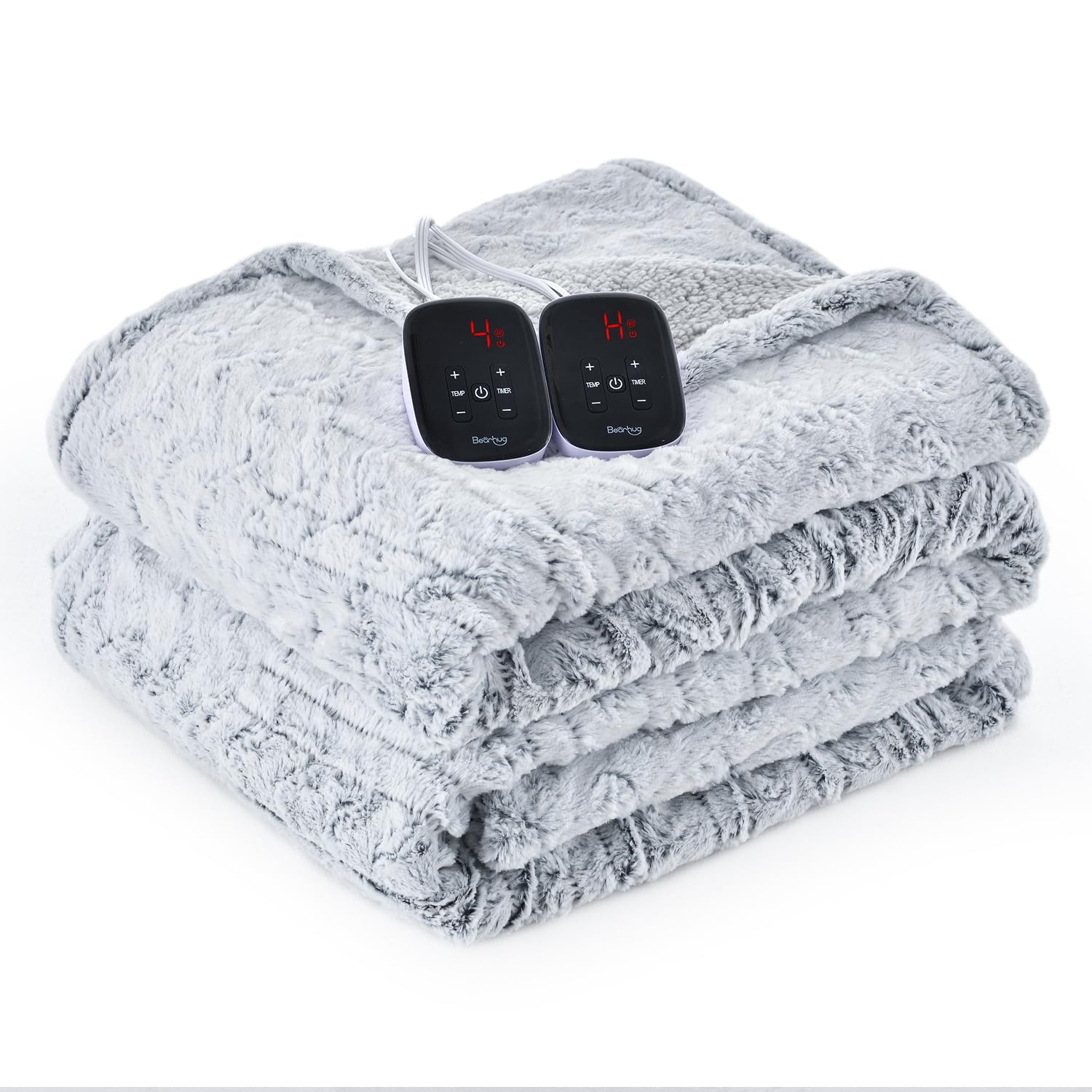 Bearhug Electric Blanket King Size 100" x 90" Dual Controller Heated Blanket, Warm Faux Fur & Soft Sherpa, 10-Heat Levels & 1-12H Auto Off, 5 Year Warranty, Over-Heat Protect, ETL, Machine Washable