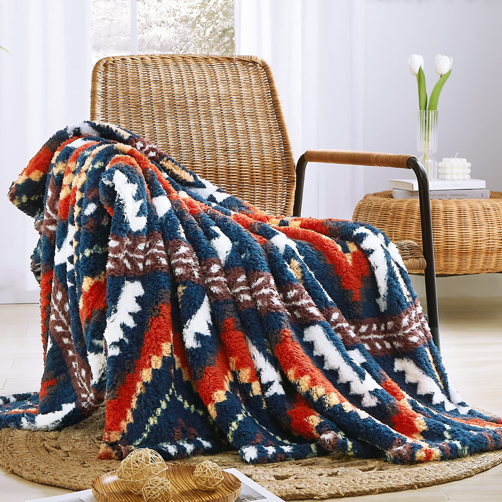 CASAAGUSTO Boho Sherpa Throw Blanket, Aztec Throw Blanket, Ultra Soft, Warm, Cozy, Plush, Thick Fleece Bohemian Throw Blanket for Couch, Bed, Sofa (Navy Blue 50 * 60 Inch)