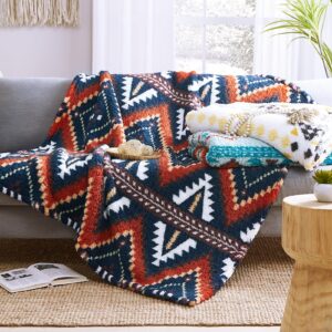 CASAAGUSTO Boho Sherpa Throw Blanket, Aztec Throw Blanket, Ultra Soft, Warm, Cozy, Plush, Thick Fleece Bohemian Throw Blanket for Couch, Bed, Sofa (Navy Blue 50 * 60 Inch)