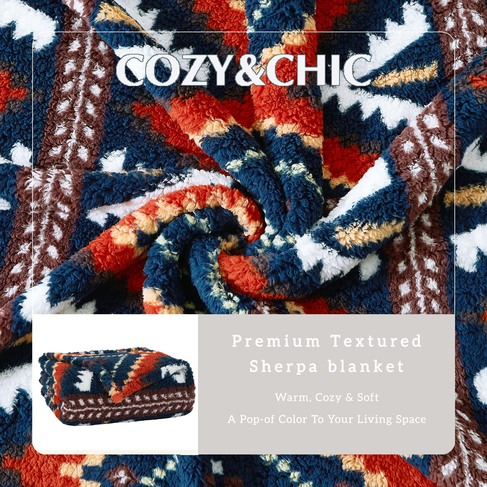 CASAAGUSTO Boho Sherpa Throw Blanket, Aztec Throw Blanket, Ultra Soft, Warm, Cozy, Plush, Thick Fleece Bohemian Throw Blanket for Couch, Bed, Sofa (Navy Blue 50 * 60 Inch)