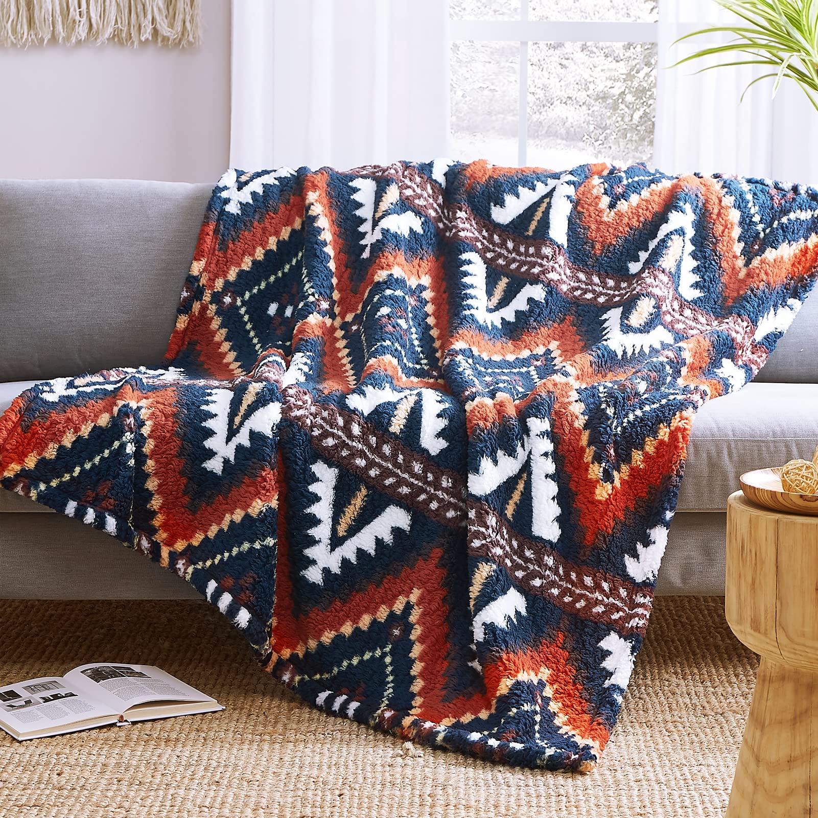 CASAAGUSTO Boho Sherpa Throw Blanket, Aztec Throw Blanket, Ultra Soft, Warm, Cozy, Plush, Thick Fleece Bohemian Throw Blanket for Couch, Bed, Sofa (Navy Blue 50 * 60 Inch)