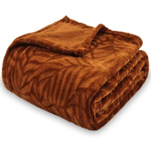 sochow super soft flannel fleece throw blanket, lightweight cozy warm leaves textured plush blanket for bed couch sofa, 50 x 60 inches, caramel