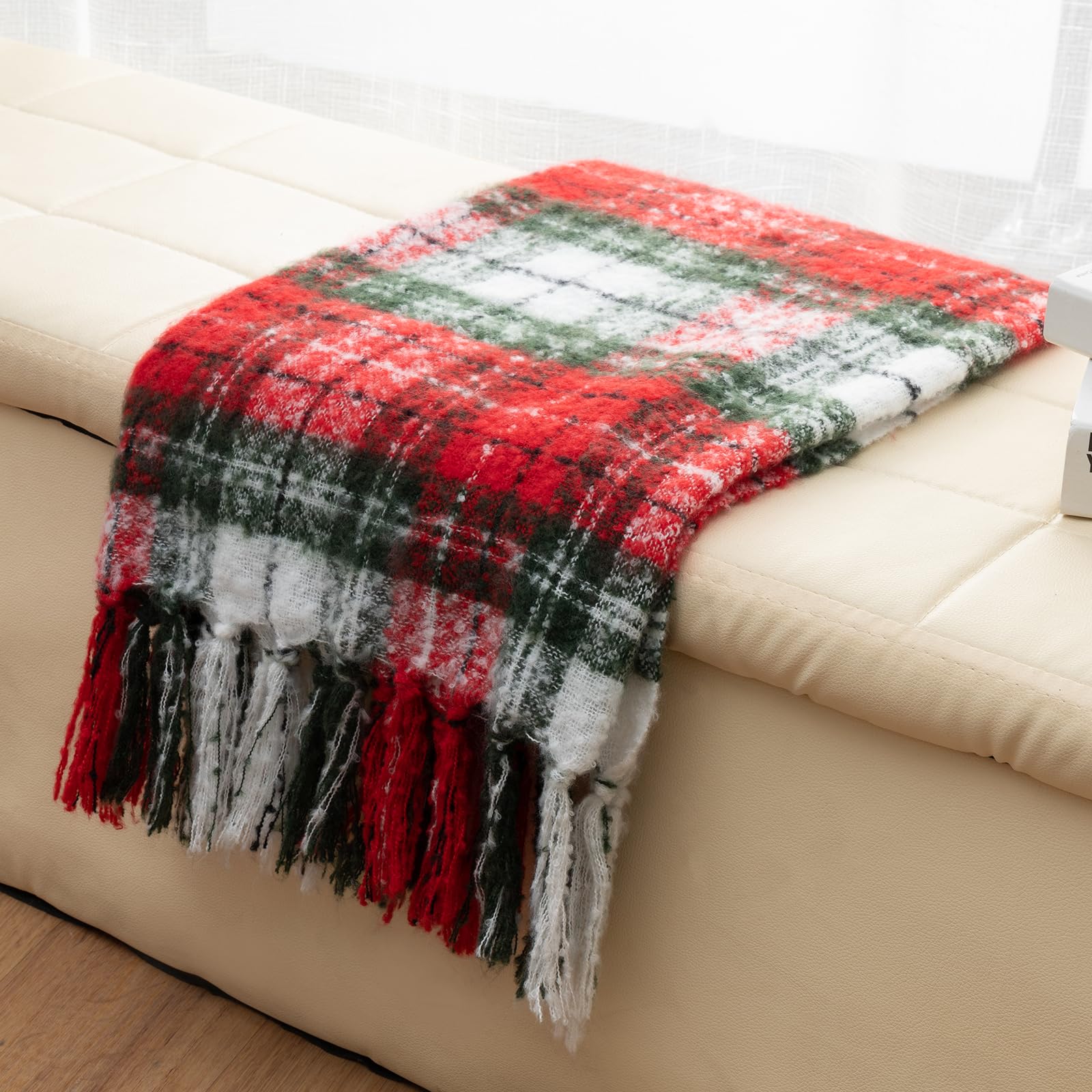 LALIFIT Plaid Throw Blanket with Fringes Green Red Christmas Home Decor Blankets Super Soft Cashmere Blanket for Couch Sofa Farmhouse Halloween etc 50" x 60" Inches(Xmas)