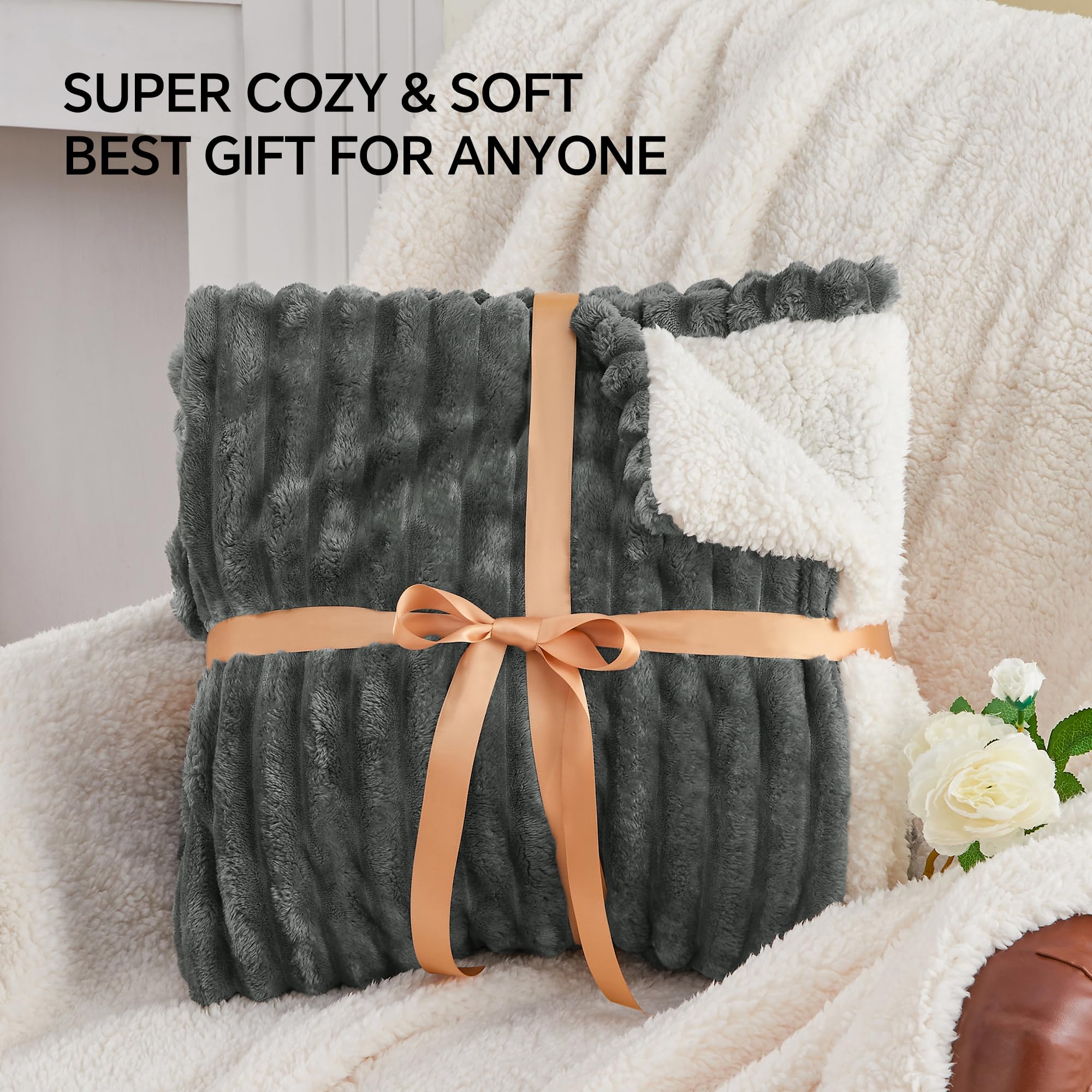 INFIIXSO Sherpa Throw Blanket for Couch - Super Soft & Warm Striped Fleece Blanket, Cozy Plush Fluffy Blanket All Season Use (Grey, 60x80 Inches)