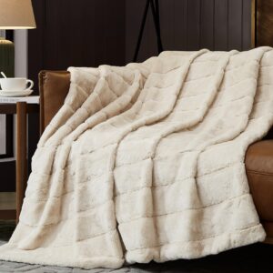 Geniospin Ultra Soft Throw Blanket for Couch, Bed, Sofa - 450 GSM Faux Fur Reversible Blankets with Strip, Fluffy Plush Fuzzy Throws, Warm, Luxury and Cozy Blanket (Ivory, 50x60 inches)