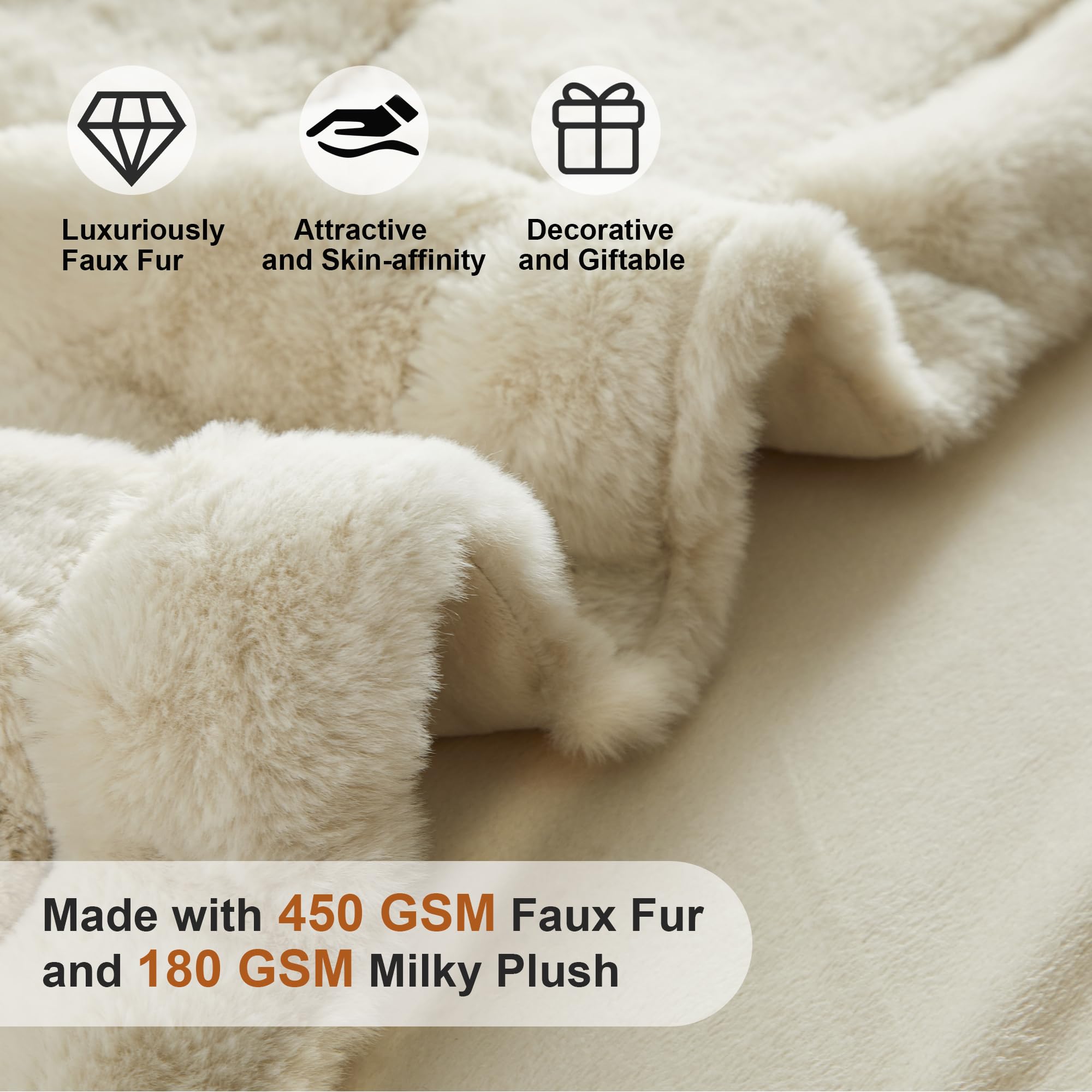 Geniospin Ultra Soft Throw Blanket for Couch, Bed, Sofa - 450 GSM Faux Fur Reversible Blankets with Strip, Fluffy Plush Fuzzy Throws, Warm, Luxury and Cozy Blanket (Ivory, 50x60 inches)