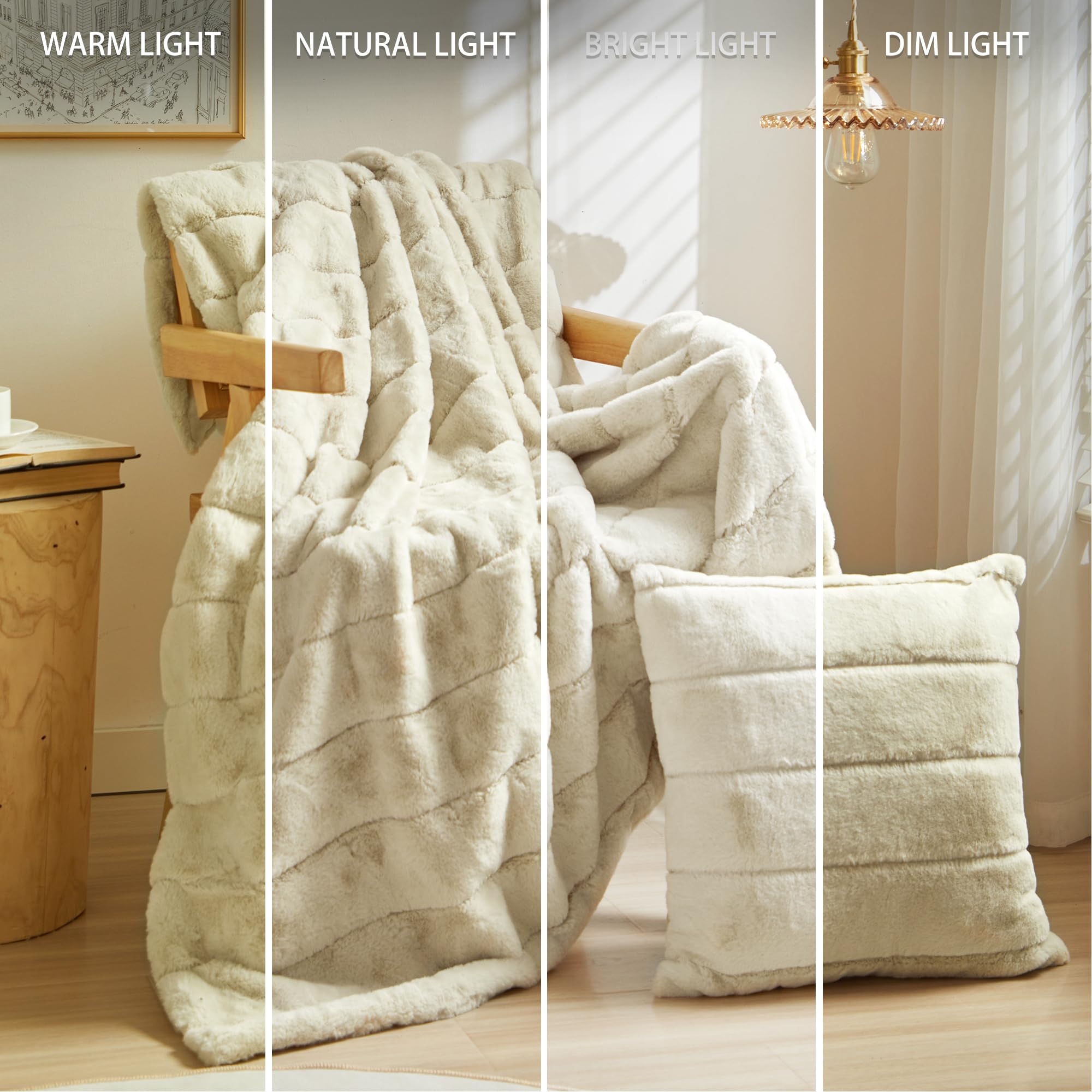 Geniospin Ultra Soft Throw Blanket for Couch, Bed, Sofa - 450 GSM Faux Fur Reversible Blankets with Strip, Fluffy Plush Fuzzy Throws, Warm, Luxury and Cozy Blanket (Ivory, 50x60 inches)