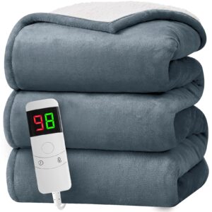 greenoak electric heated blanket, 62” x 84” heating electric blanket twin size for bed, soft sherpa plush warming electric blanket with 5-position timer &10 heating levels,machine washable(grey)