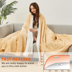 Homemate Heated Electric Blanket Queen Size - 84"x90" Heating Bed Blanket Throw with 10 Heating Levels 8 Hours Auto Off Fast Heating Over-Heat Protection Ultra Soft Flannel ETL Certified, Beige