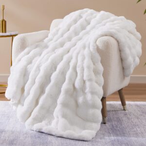 cozybloom luxury soft faux fur throw blanket for couch, decorative cozy plush long shaggy fluffy solid comfy fleece furry reversible thick warm blanket for winter, washable, white