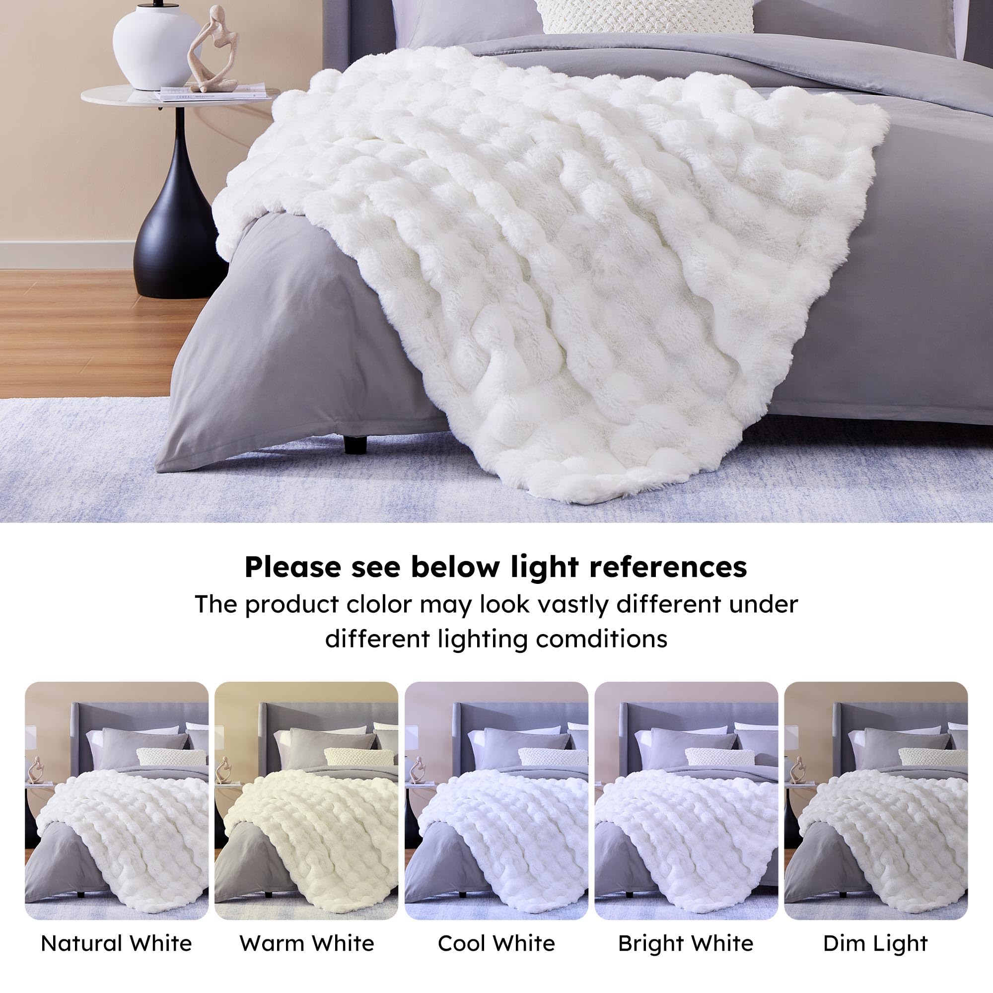 CozyBloom Luxury Soft Faux Fur Throw Blanket for Couch, Decorative Cozy Plush Long Shaggy Fluffy Solid Comfy Fleece Furry Reversible Thick Warm Blanket for Winter, Washable, White