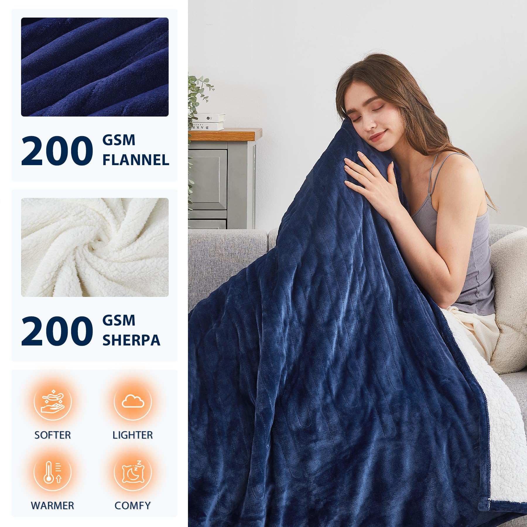 Homemate Heated Blanket Electric Throw - 50"x60" Heating Blanket Throw 1/2/4/6/8 Hours Auto-off 10 Heat Level Heat Blanket Over-heat Protection Flannel Sherpa Heater Blanket Electric ETL Certification