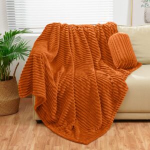 Bnuitland Burnt Orange Flannel Throw with storage pouch,300GSM Super soft Fleece Stripe Pattern sofa Blanket for Adults and Kids, Lightweight Cozy Bed Throw for home decor All season