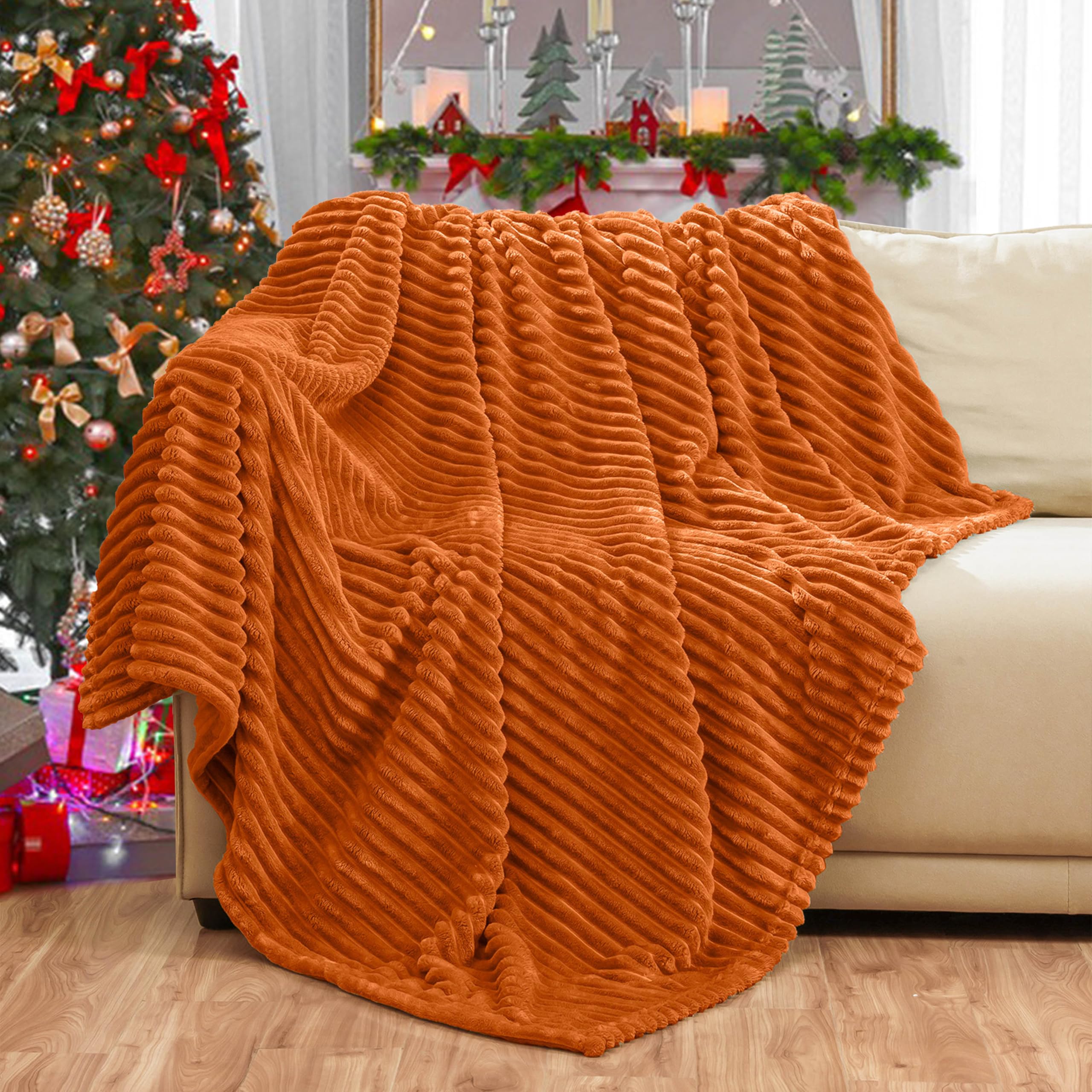 Bnuitland Burnt Orange Flannel Throw with storage pouch,300GSM Super soft Fleece Stripe Pattern sofa Blanket for Adults and Kids, Lightweight Cozy Bed Throw for home decor All season