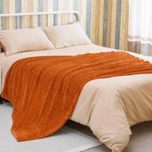 Bnuitland Burnt Orange Flannel Throw with storage pouch,300GSM Super soft Fleece Stripe Pattern sofa Blanket for Adults and Kids, Lightweight Cozy Bed Throw for home decor All season