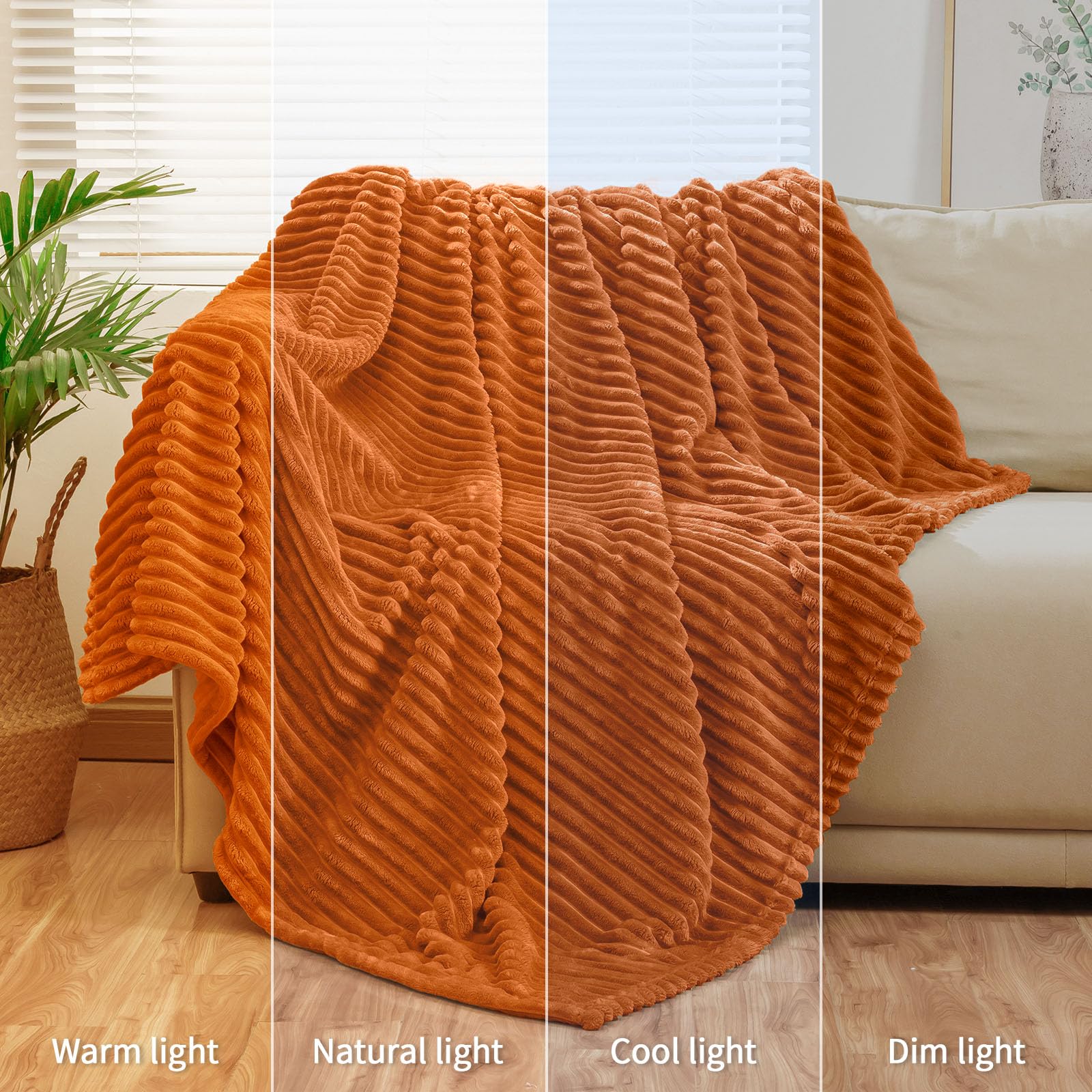 Bnuitland Burnt Orange Flannel Throw with storage pouch,300GSM Super soft Fleece Stripe Pattern sofa Blanket for Adults and Kids, Lightweight Cozy Bed Throw for home decor All season