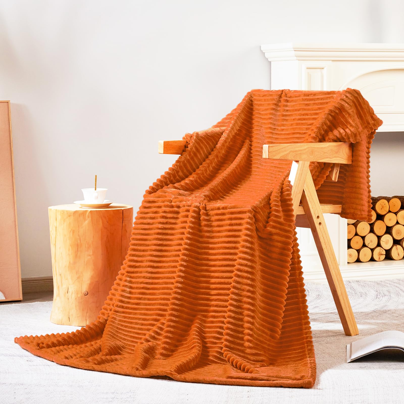 Bnuitland Burnt Orange Flannel Throw with storage pouch,300GSM Super soft Fleece Stripe Pattern sofa Blanket for Adults and Kids, Lightweight Cozy Bed Throw for home decor All season