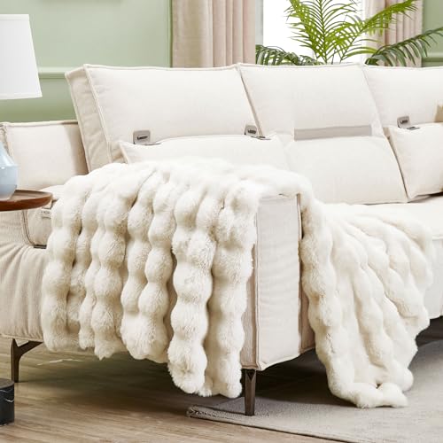 DREAMNINE Decorative Soft Thick Fuzzy Faux Rabbit Fur Throw Blanket for Couch Sofa, Reversible Plush Warm Fleece Fluffy Blanket for Winter, Luxury Cute Cozy Furry Blanket for Bed,50" x 60",Cream White