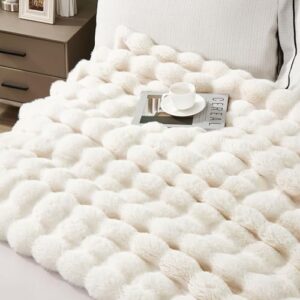 DREAMNINE Decorative Soft Thick Fuzzy Faux Rabbit Fur Throw Blanket for Couch Sofa, Reversible Plush Warm Fleece Fluffy Blanket for Winter, Luxury Cute Cozy Furry Blanket for Bed,50" x 60",Cream White