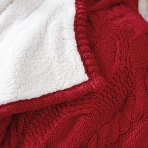 Amélie Home Reversible Sherpa Cable Knit Throw Blanket Soft Cozy Warm Winter Fleece Throw Blankets for Couch Bed Living Room, Christmas Red, 50x70