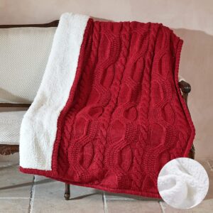 amélie home reversible sherpa cable knit throw blanket soft cozy warm winter fleece throw blankets for couch bed living room, christmas red, 50x70