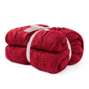 Amélie Home Reversible Sherpa Cable Knit Throw Blanket Soft Cozy Warm Winter Fleece Throw Blankets for Couch Bed Living Room, Christmas Red, 50x70