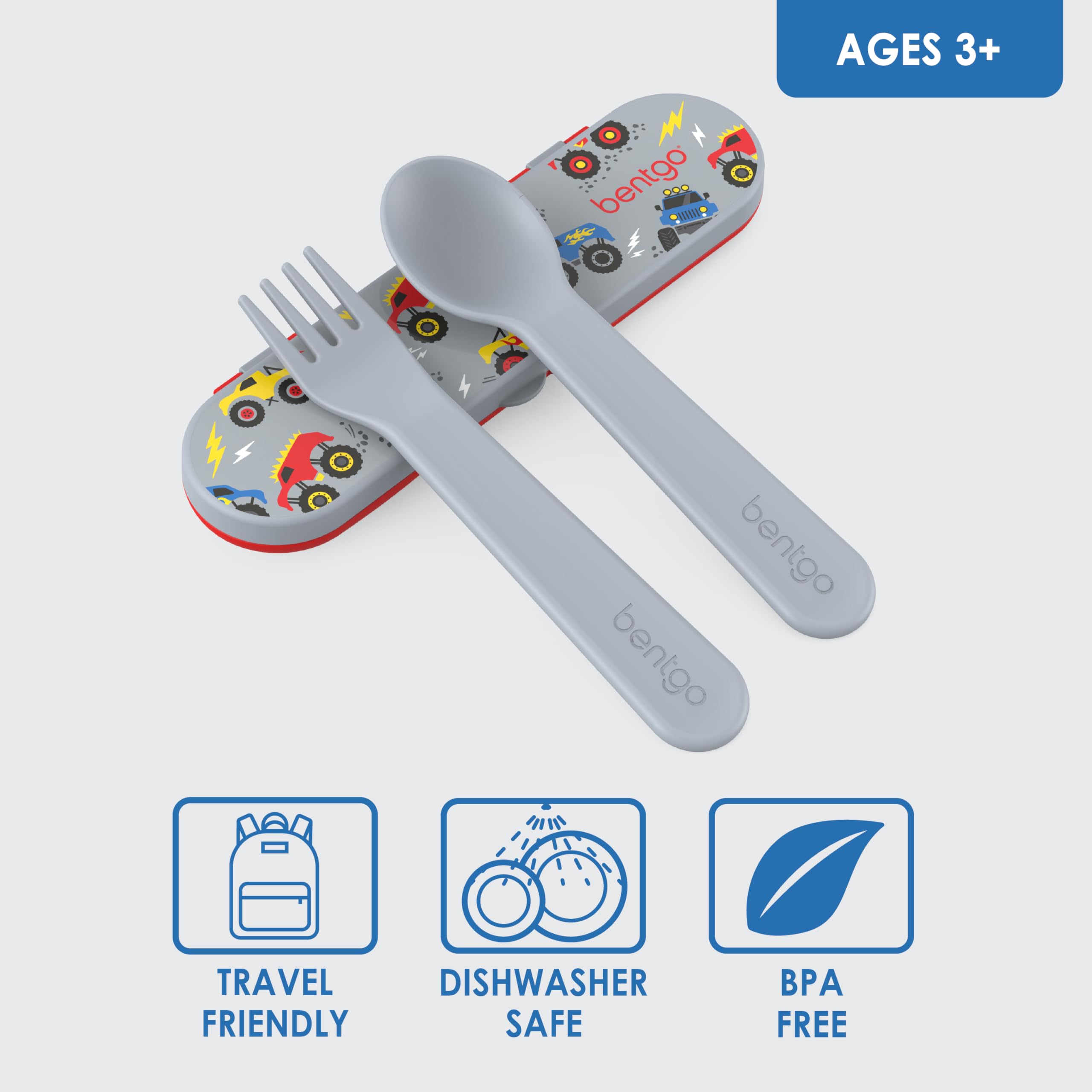 Bentgo® Kids Utensil Set - Reusable Plastic Fork, Spoon & Storage Case - BPA-Free Materials, Easy-Grip Handles, Dishwasher Safe - Ideal for School Lunch, Travel, & Outdoors (Trucks)