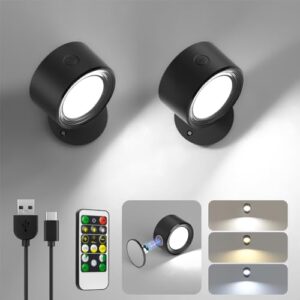lightbiz led wall mounted lights 2 pcs with remote, wall sconces lamp 3000mah rechargeable battery operated, 3 color temperatures & dimmable magnetic 360° rotation cordless light for bedroom bedside
