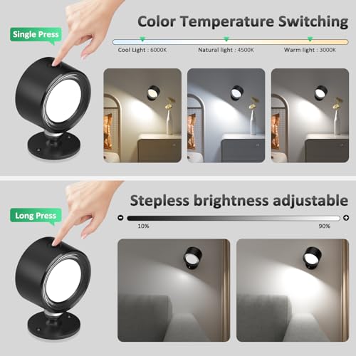 Lightbiz LED Wall Mounted Lights 2 Pcs with Remote, Wall Sconces Lamp 3000mAh Rechargeable Battery Operated, 3 Color Temperatures & Dimmable Magnetic 360° Rotation Cordless Light for Bedroom Bedside