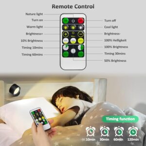 Lightbiz LED Wall Mounted Lights 2 Pcs with Remote, Wall Sconces Lamp 3000mAh Rechargeable Battery Operated, 3 Color Temperatures & Dimmable Magnetic 360° Rotation Cordless Light for Bedroom Bedside