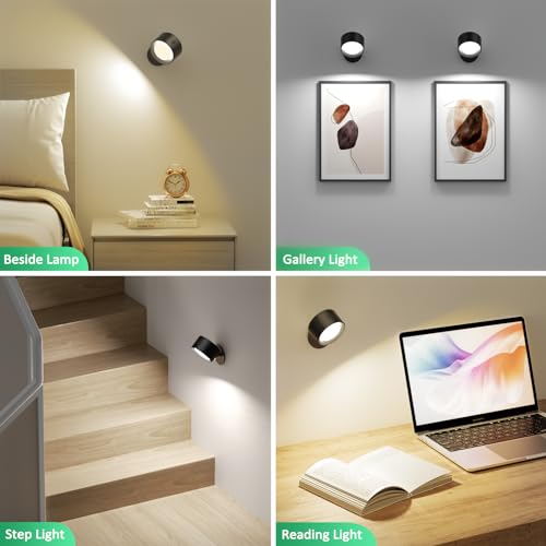 Lightbiz LED Wall Mounted Lights 2 Pcs with Remote, Wall Sconces Lamp 3000mAh Rechargeable Battery Operated, 3 Color Temperatures & Dimmable Magnetic 360° Rotation Cordless Light for Bedroom Bedside