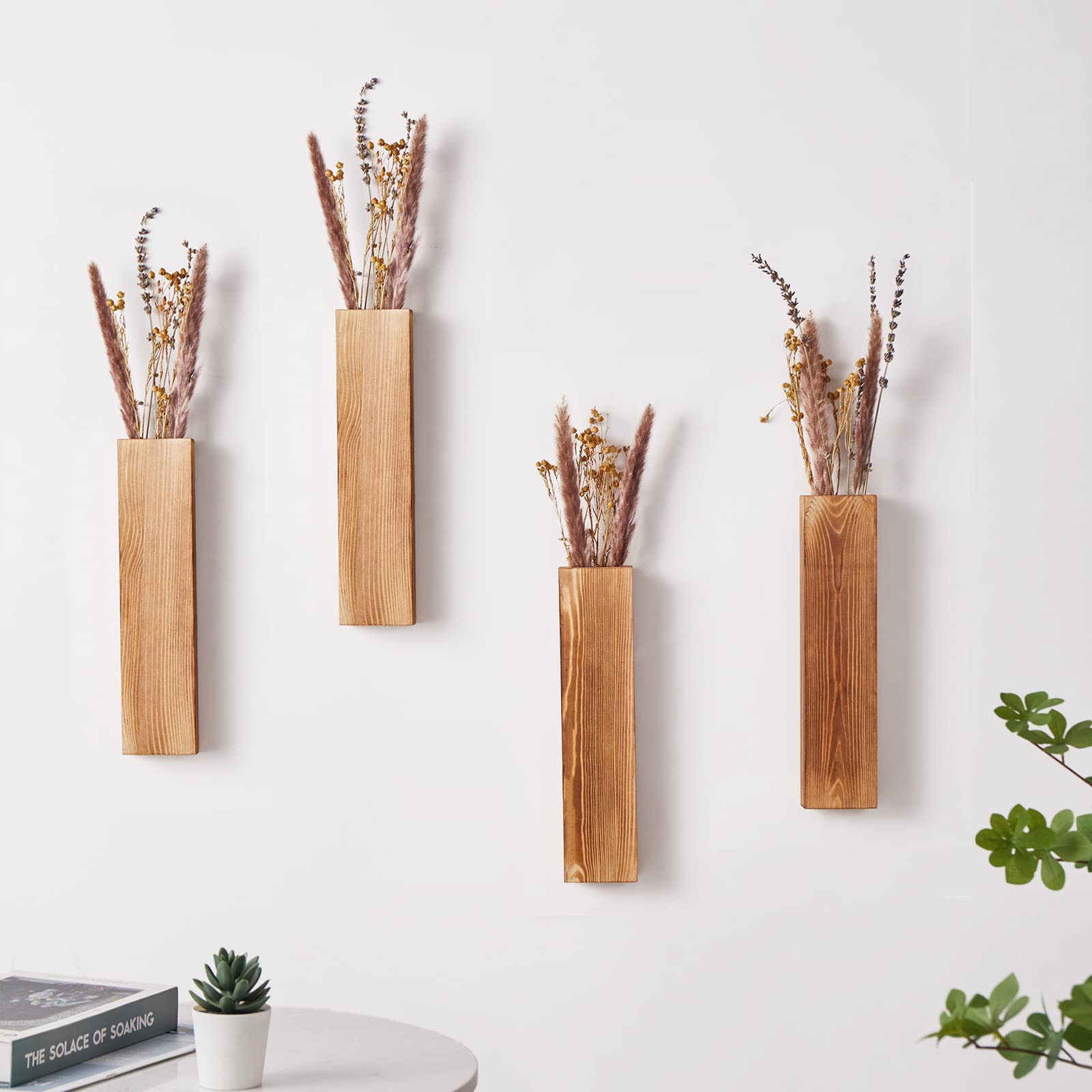 Mokof Wall Planters, Wood Wall Decor for Bedroom and Living Room, Modern Farmhouse Wooden Pocket Vases for Dried Flowers and Faux Greenery (Brown, 4 Pack)