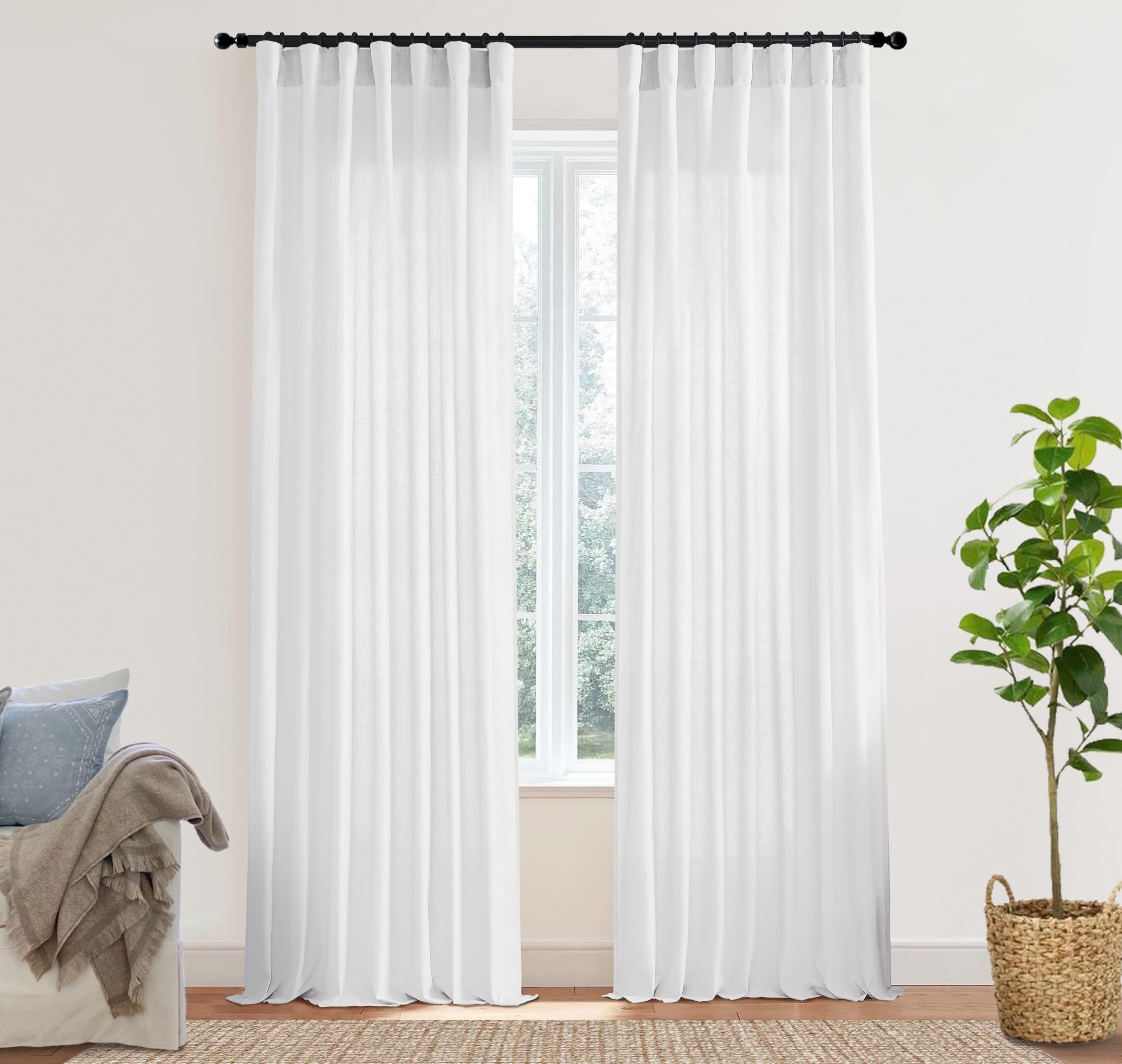 XTMYI White Linen Sheer Curtains 108 Inches Long Back Hidden Tab Tape Hooks Privacy Not See Through Simple Modern Curtains for Living Room 2 Panels Set