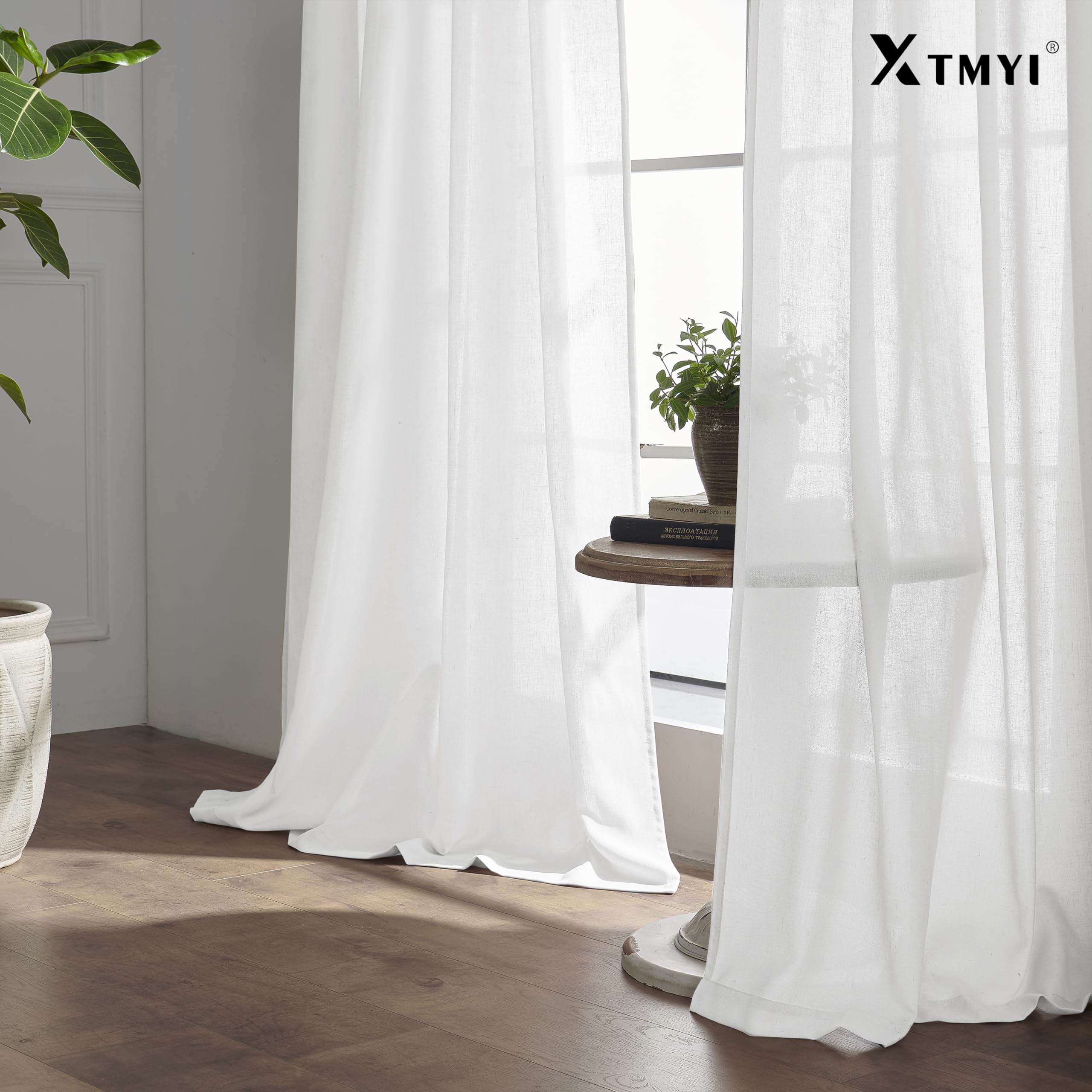 XTMYI White Linen Sheer Curtains 108 Inches Long Back Hidden Tab Tape Hooks Privacy Not See Through Simple Modern Curtains for Living Room 2 Panels Set