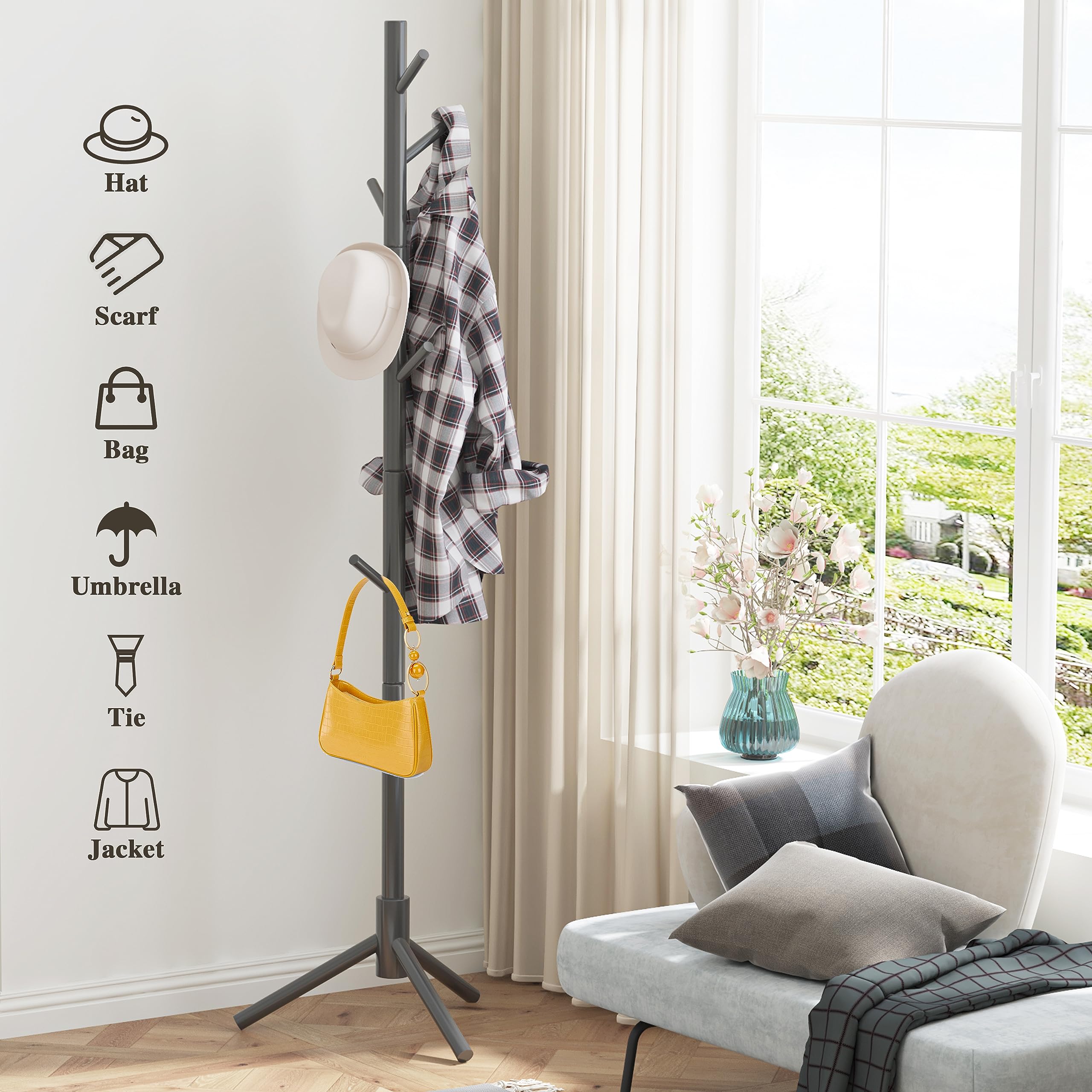 Z&L HOUSE Coat Racks Free Standing, Simple Solid Wooden Coat Tree, 8 Hooks and Adjustable Size Coat Hanger Stand, Used in the Office Bedroom Living Room to Hang Clothes, Hat, Bag Black