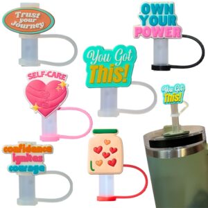 6-pieces straw covers for reusable straws, positive affirmation, self-care & self-love designs, phrase straw toppers, straw covers cap for tumblers, 7-9mm straws compatible, stocking stuffers