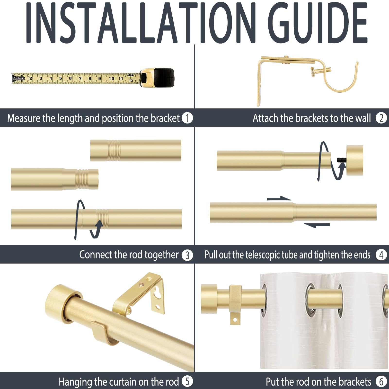 Zeerobee Curtain Rods for Windows 66 to 120, 1 Inch Gold Curtain Rod Set, Heavy Duty Drapery Rods with Adjustable Curtain Rods, Outdoor Modern Curtain Rod with Simple End Caps, 32"-120", Gold