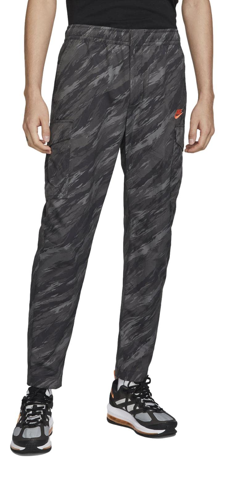 Nike Sportswear Men's AOP Woven Unlined Utility Pants Trousers (as1, Alpha, m, Regular, Regular, Black/Orange, Medium, Regular)