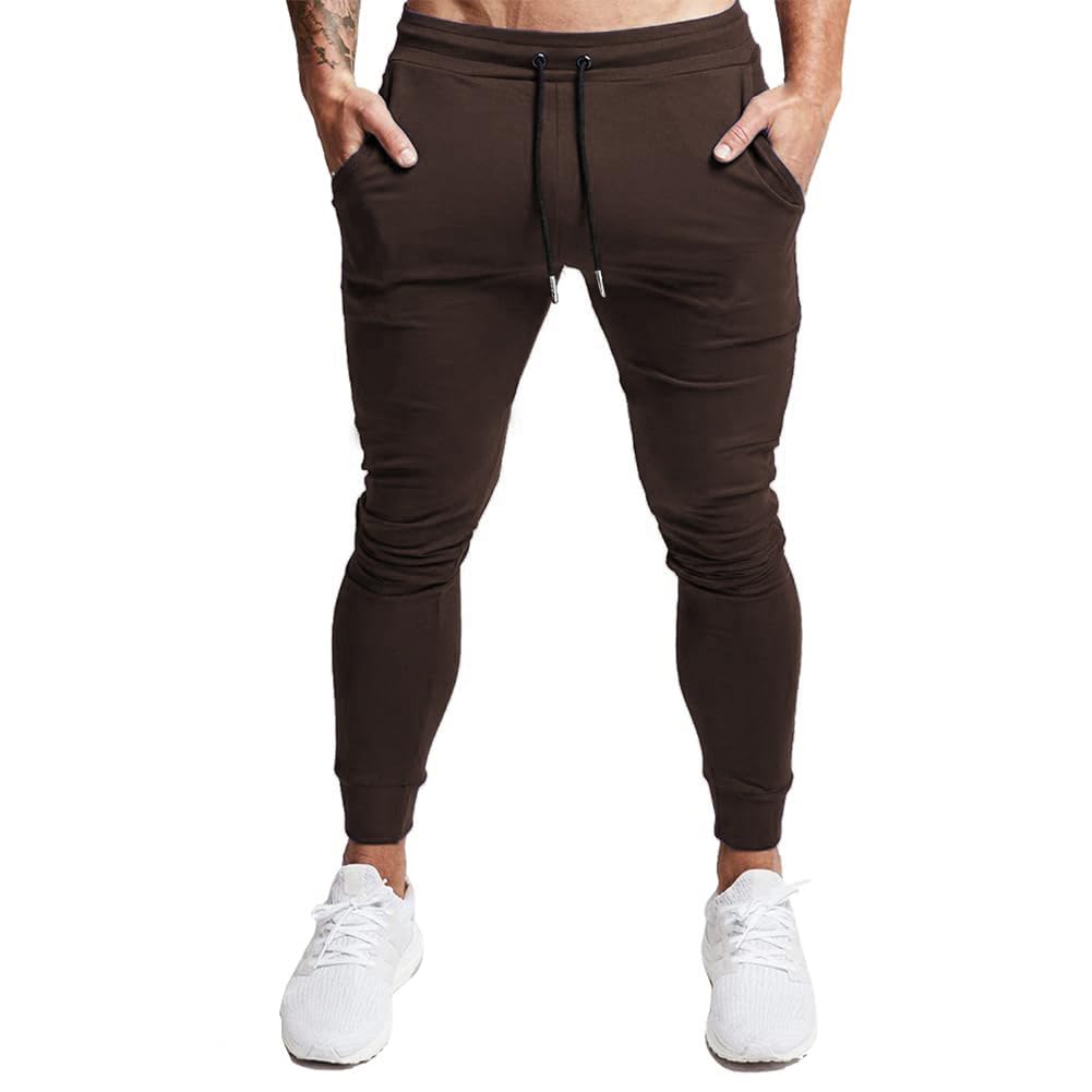 BUXKR Men's Slim Joggers Workout Pants for Gym Running and Bodybuilding Athletic Bottom Sweatpants with Deep Pockets,Brown,S