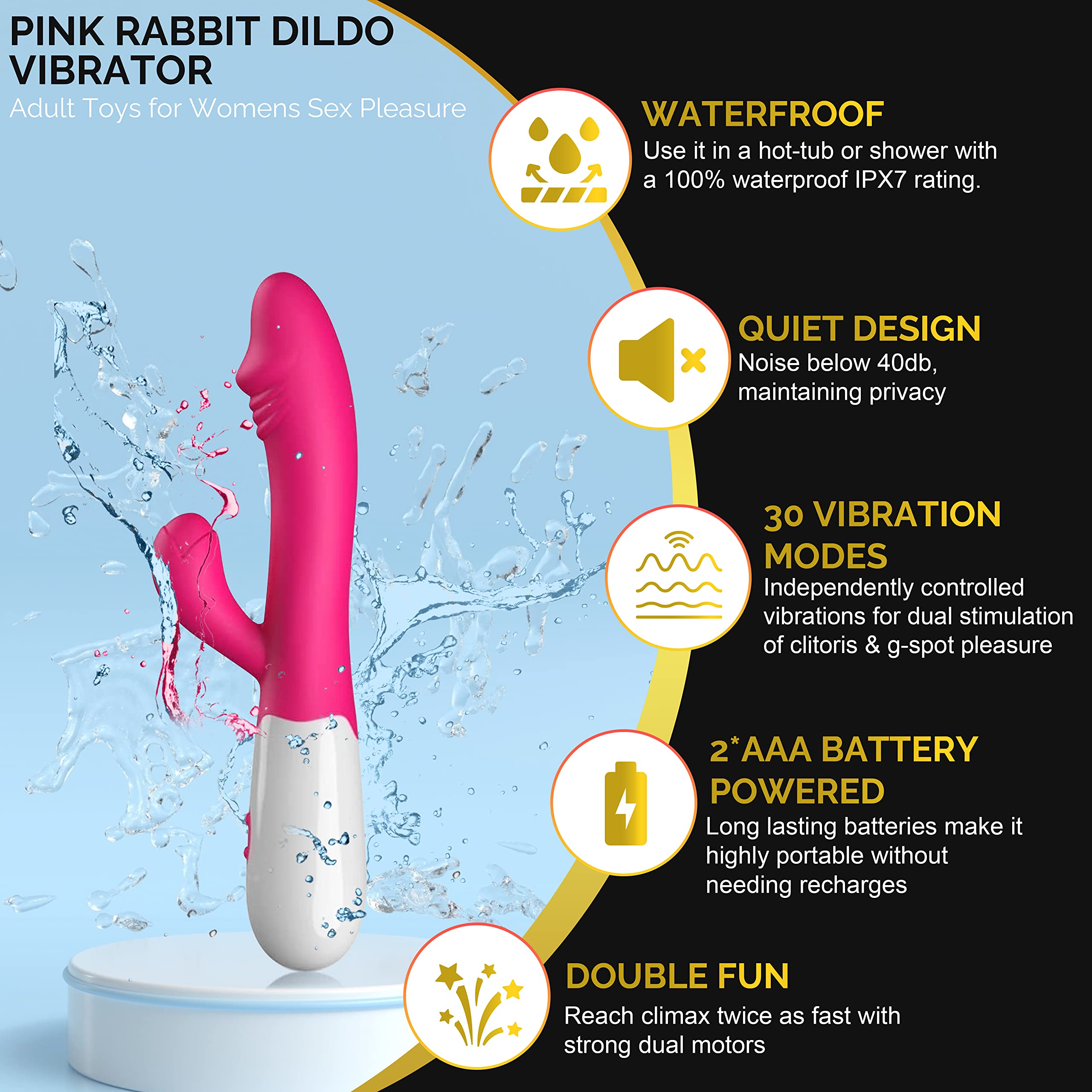 Pink Rabbit Dildo Vibrator, Adult Toys for Womens Sex Pleasure, G Spot Clit Vibrator 30 Speeds, Rose Toys/Woman Sex Toys for Couples. Silicon & Waterproof Female Vibrators with Quiet Operation