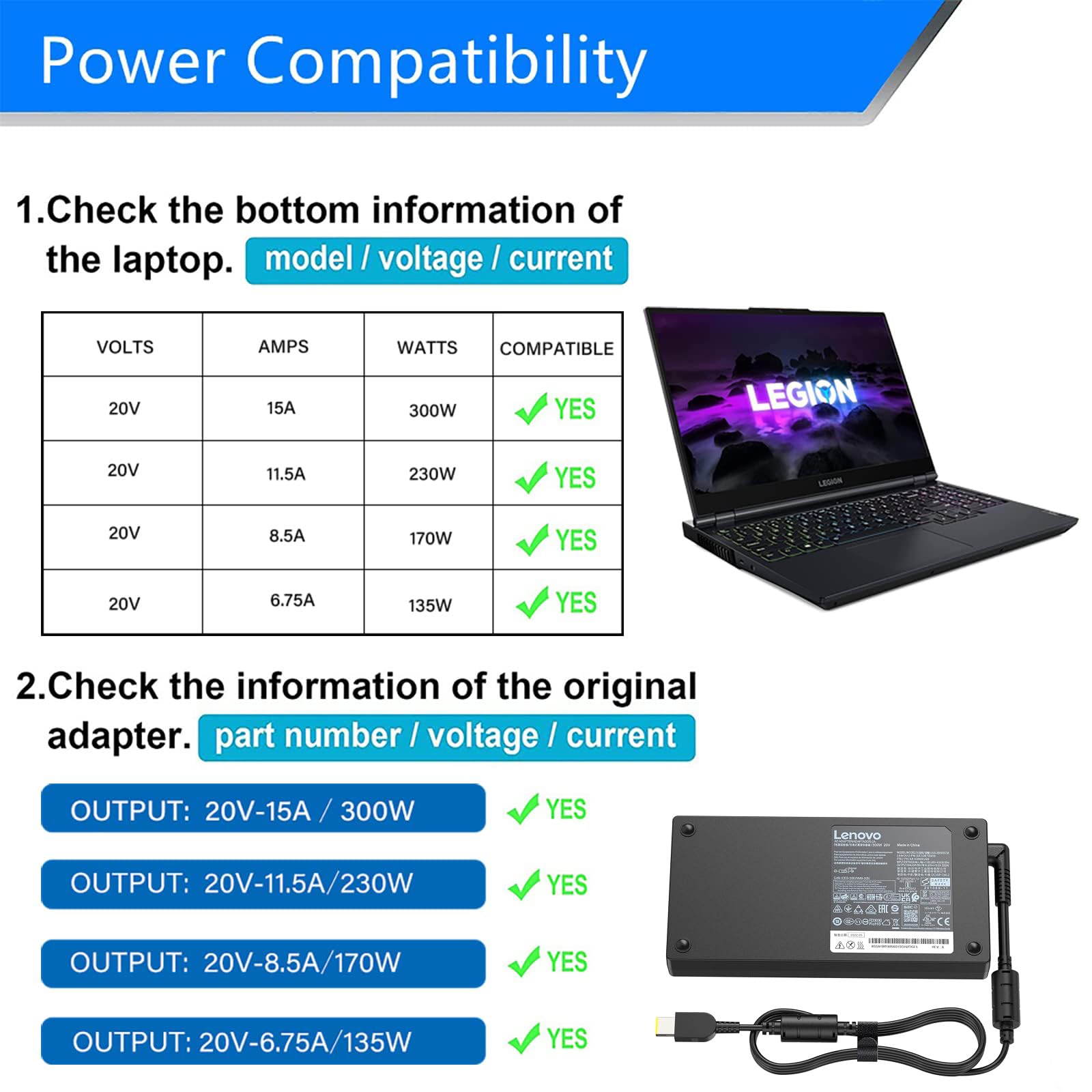 300W 20V 15A Ac Adapter for Lenovo Legion 5 5i 5P 7 7i pro 15 16 17 C7 S7 Y540 Y545 y730 Y740,Slim Tip Gaming Laptop Charger Replacement for ADL300SDC3A GX21F23045 ADL300SLC3A SA10R16956 5A10W86289