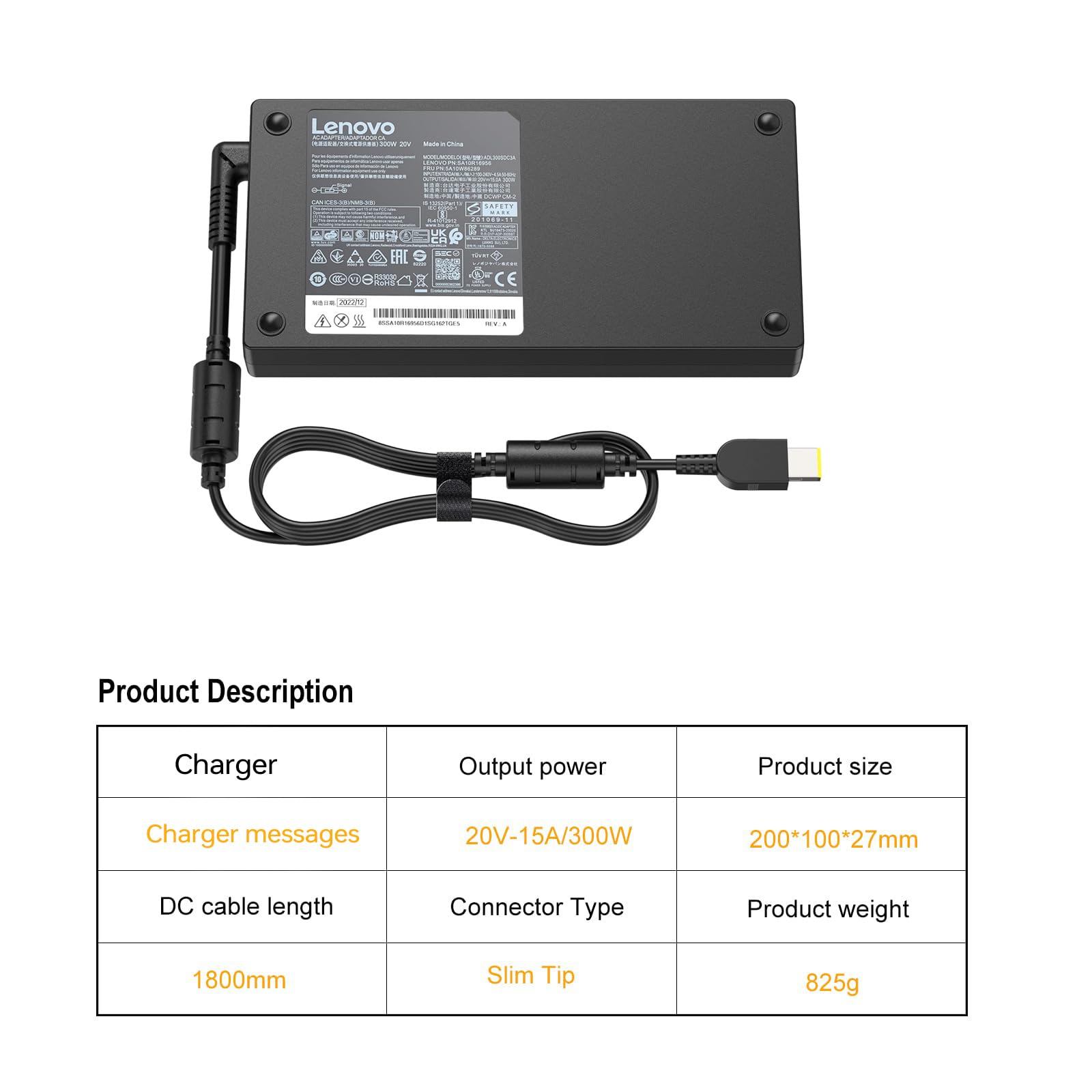 300W 20V 15A Ac Adapter for Lenovo Legion 5 5i 5P 7 7i pro 15 16 17 C7 S7 Y540 Y545 y730 Y740,Slim Tip Gaming Laptop Charger Replacement for ADL300SDC3A GX21F23045 ADL300SLC3A SA10R16956 5A10W86289