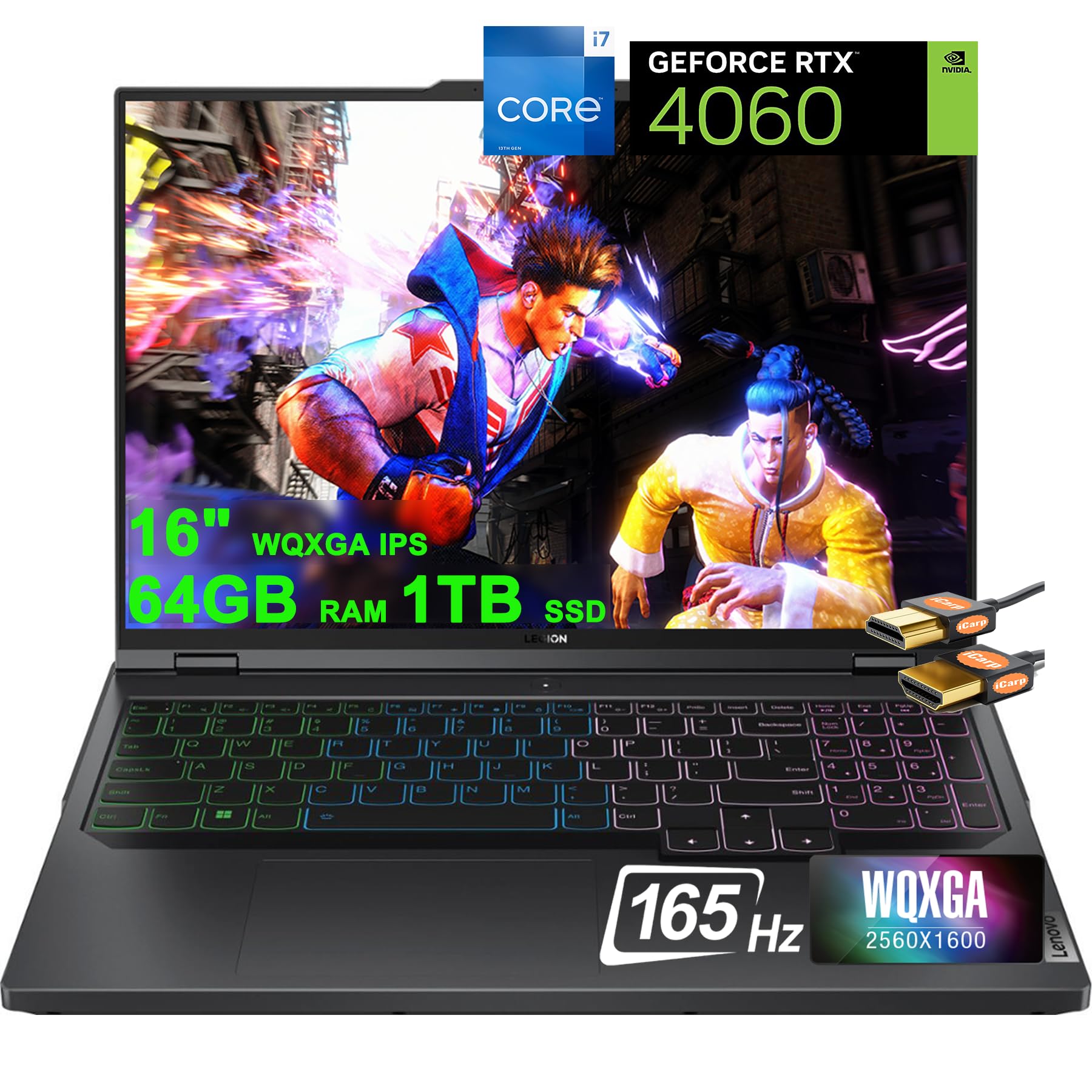 Lenovo legion Pro 5i Gaming Laptop 16" WQXGA 165Hz 100% sRGB 13th Gen Intel 16-Core i7-13700HX 64GB RAM 1TB SSD GeForce RTX4060 8GB Graphic RGB Backlit FHD Camera Super Rapid Charge Win11 + HDMI Cable