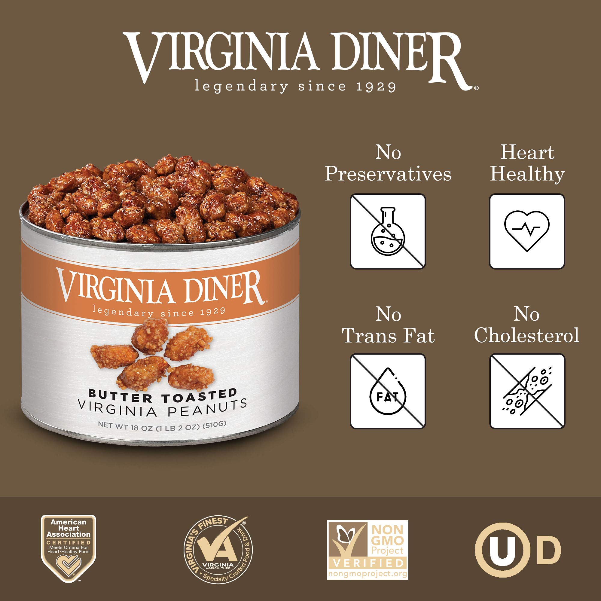 Virginia Diner - Gourmet Natural Extra Large Butter Toasted Virginia Peanuts, 18 Ounce Tin