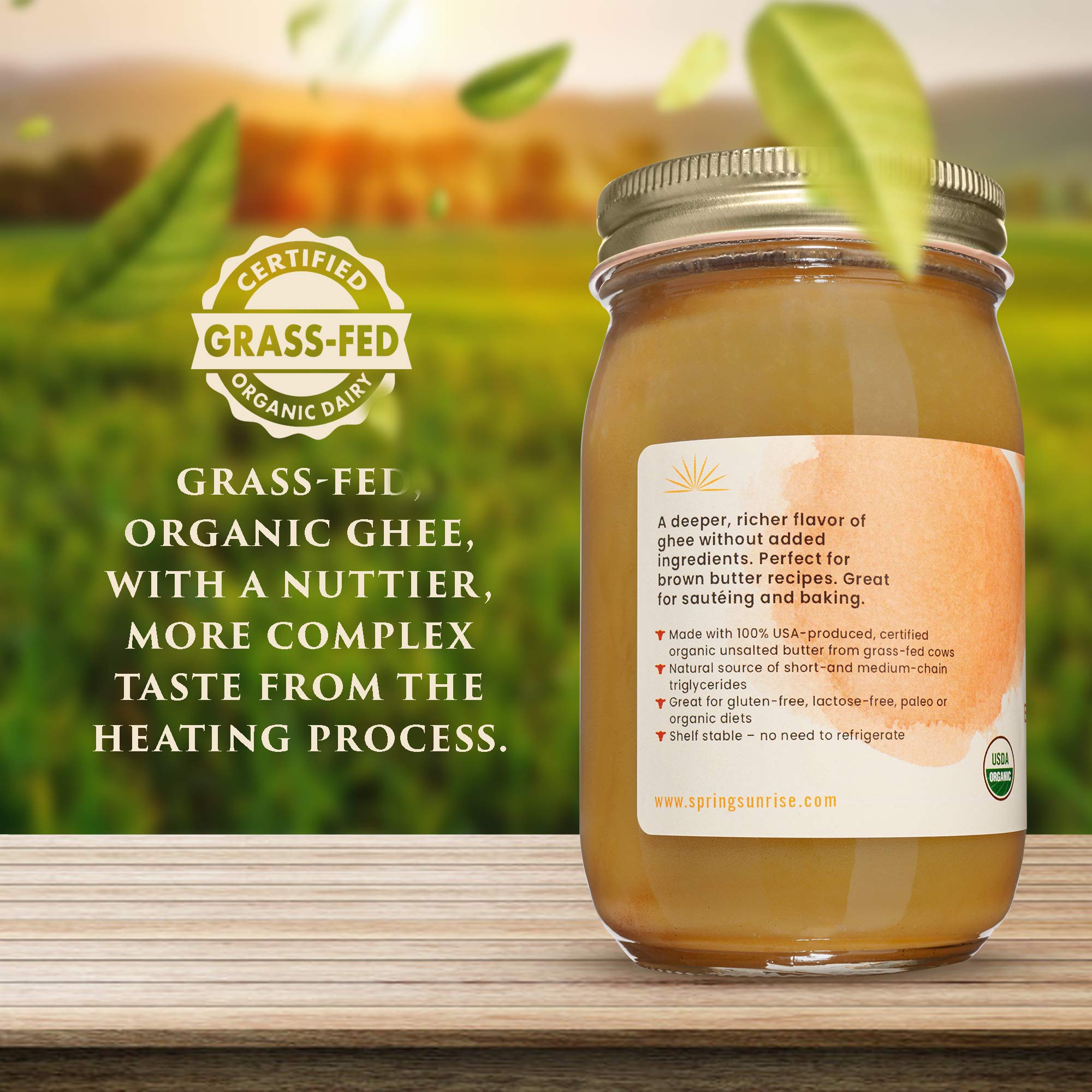 Spring Sunrise Brown Butter Ghee - Grass Fed Butter - Ghee Butter Organic Grass Fed - Ghee Clarified Butter - Ghee Butter - Ghee Organic - Grass Fed Ghee - Organic Ghee From Grass-fed Cows