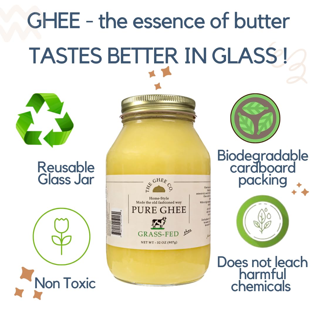 The Ghee Co. - 32 Fl Oz, Grass Fed Ghee, Non GMO, Kosher and Halal, Paleo & Keto friendly, Lactose & Casein Free, Made homestyle, Glass jar