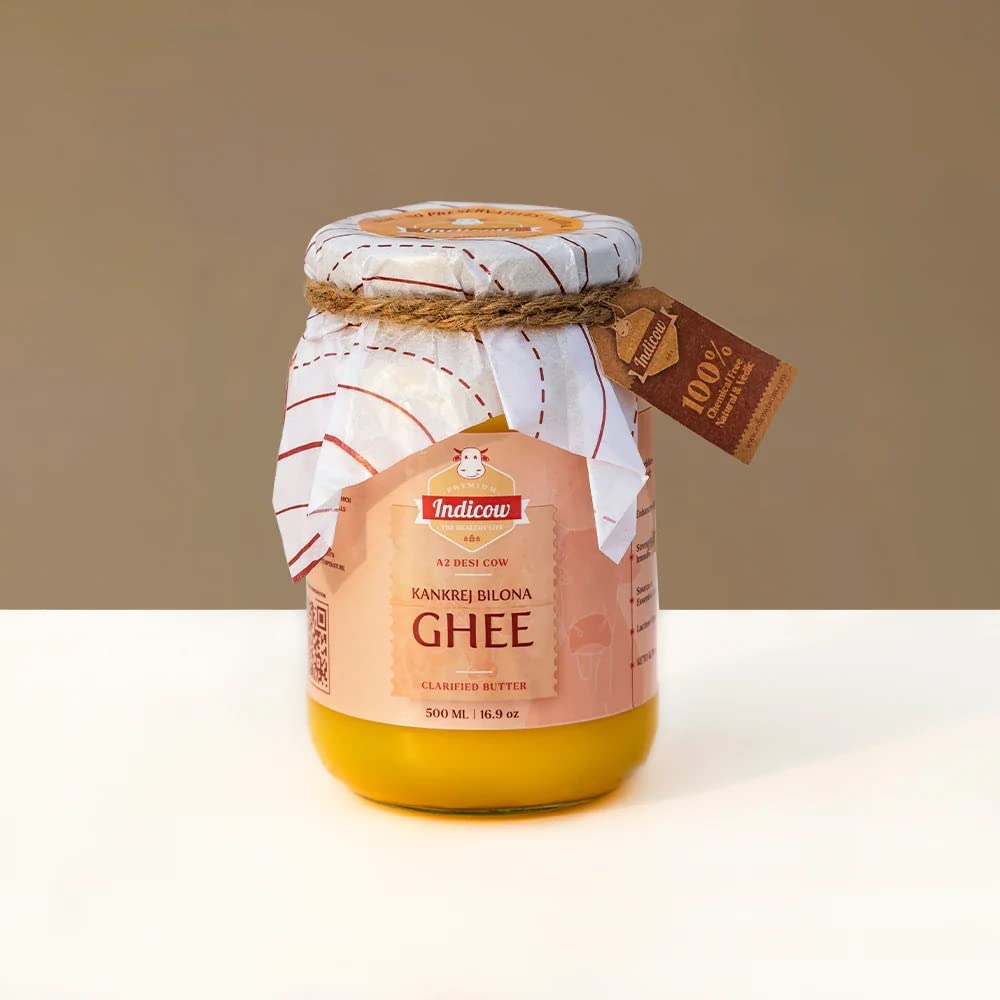 Indicow A2 Desi Cow Ghee, Clarified Butter | Grass Fed Cows | (500ml (16.91oz), A2 Kankrej Cow Ghee) | Keto and Paleo Friendly| a2 ghee organic grass fed